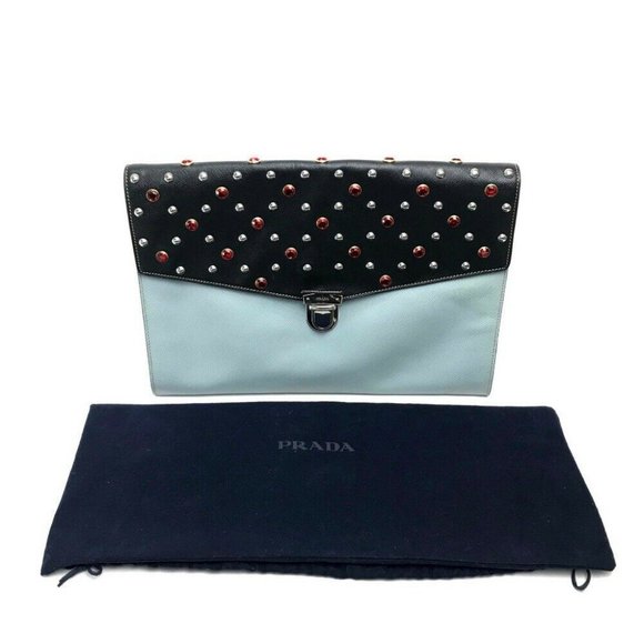 PRADA Safiano Bijoux x Studs Clutch Black/Light Bl - Picture 3 of 11